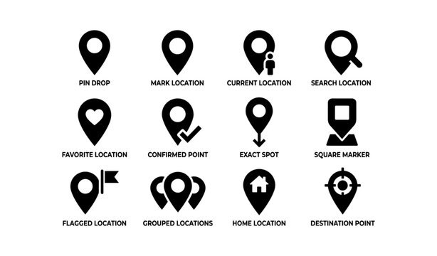 Set of gps location icons: pin drop, mark, current, search, favorite, confirmed, exact, square, flagged, grouped, home, destination