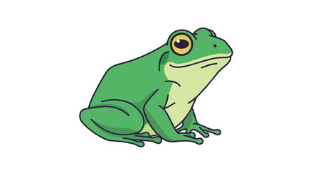 Obraz premium A charming cartoon illustration of a green frog with bright yellow eyes and a light green belly sitting calmly on a white background