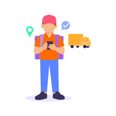 Delivery Status Checking, reviewing order progress updates, Flat vector character illustration