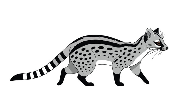 Illustration of a civet cat with distinctive spotted fur and a striped tail walking against a white background