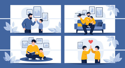 Set of flat vector illustrations depicting happy father and son spending quality time together reading books and playing with toys.