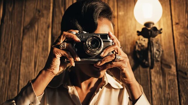 Woman holding vintage camera against wooden wall