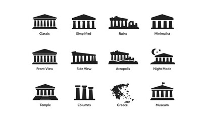 Fototapeta premium Ancient greek architecture icons: classic, acropolis, columns, night mode