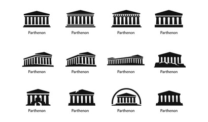 Silhouette icons of parthenon variants in black and white