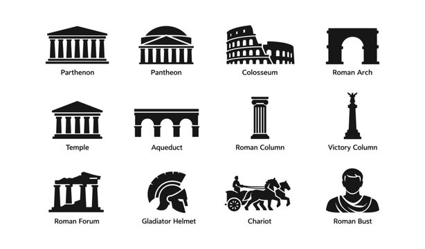 Ancient roman and greek architectural icons: parthenon, colosseum, chariot, helmet, bust