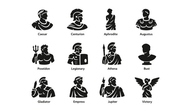 Silhouette icons of ancient roman and greek figures: caesar, centurion, aphrodite, poseidon