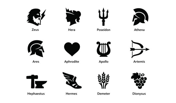 Greek gods and goddesses silhouettes: zeus hera poseidon athena ares