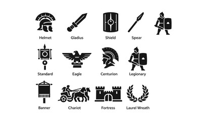 Fototapeta premium Ancient roman military symbols: helmet, gladius, shield, spear, eagle, centurion