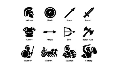 Obraz premium Ancient warfare icons: helmet, shield, spear, sword, armor, arrow, bow, battle axe, warrior