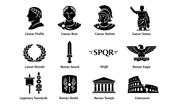 Roman iconography: caesar profiles, spqr symbols, colosseum, roman sword, laurel wreath