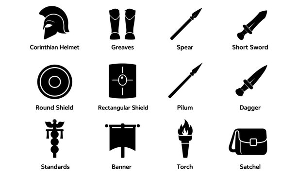 Ancient roman and greek weapons icons: helmet, sword, spear, shield, torch