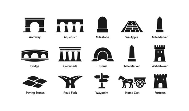 Set of fifteen black silhouette roman architectural icons