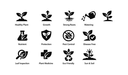 Obraz premium Icon set of plant growth and care: watering, pest control, sun, soil