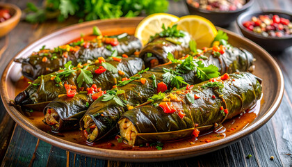 Fototapeta premium Delicious stuffed grape leaves, a traditional Mediterranean and Middle Eastern delicacy, served on a rustic platter