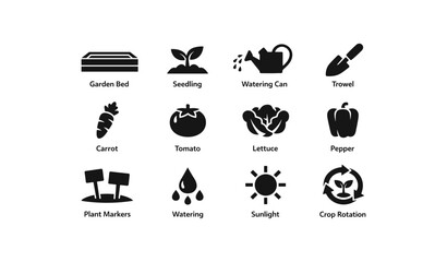 Naklejka premium Garden tools and vegetables icon set: garden bed, seedling, watering can, trowel, carrot, tomato, lettuce, pepper
