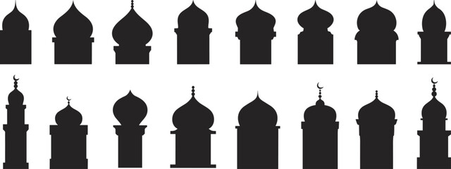 Islamic mosque dome and minaret silhouette set with traditional Arabic architecture elements collection flat vector illustration © Creative Soul