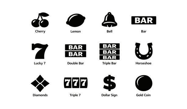Classic slot machine symbols: cherry, lemon, bell, bar, lucky 7, horseshoe, diamonds, triple 7, dollar sign, gold coin