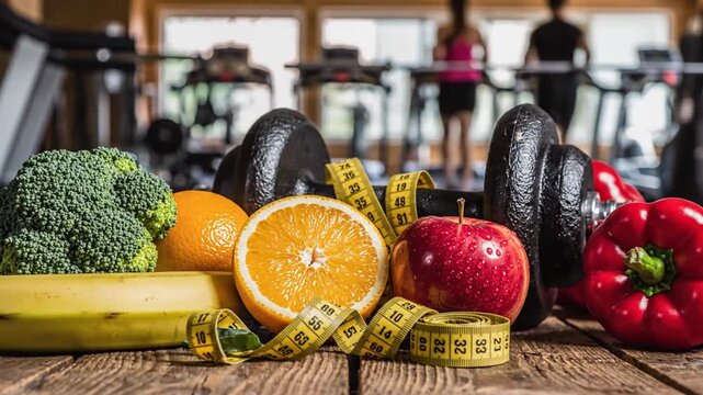 Healthy Food and Fitness Equipment in Gym.