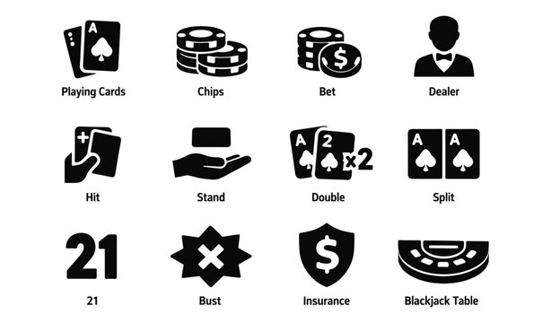 Essential blackjack icons: cards, chips, dealer, and gameplay actions