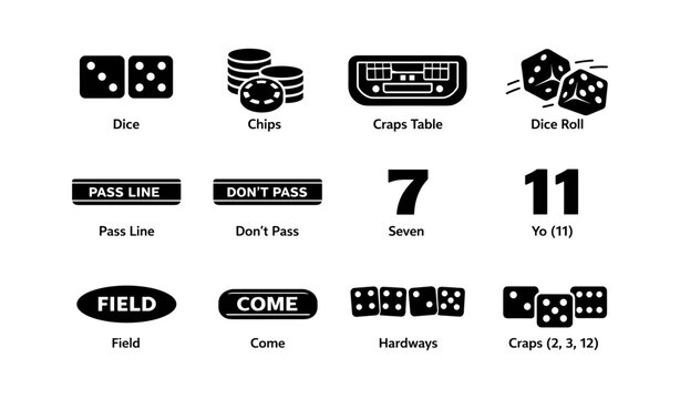Craps game symbols: dice, chips, table, pass line, seven, hardways, craps numbers
