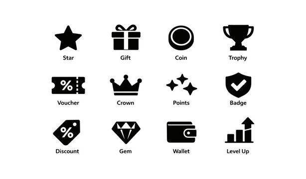 Set of reward icons: star, gift, coin, trophy, and more