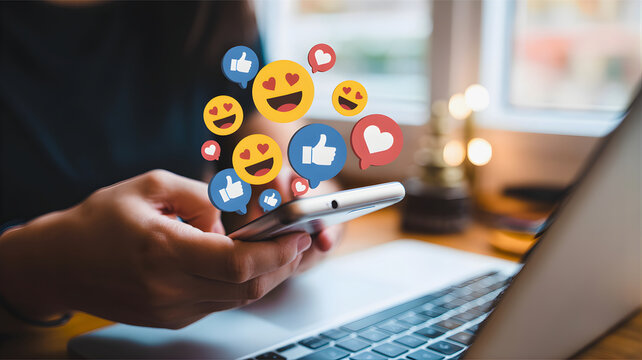 Person holding smartphone with social media reactions on screen near laptop on wooden desk indoors with natural light