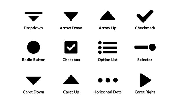 Ui icons set: dropdown, checkbox, radio button, caret, dots, selector, arrow