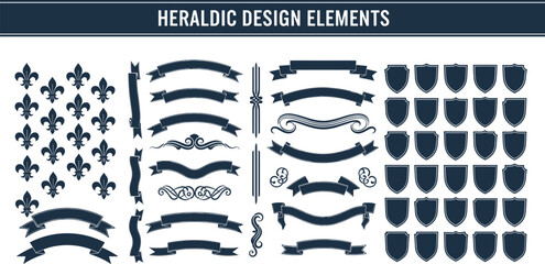 Heraldic Design Elements Vector Set, Vintage Shields, Ribbons, Banners and Fleur de Lis Icons Collection for Crest Logo and Coat of Arms © Itz Nur