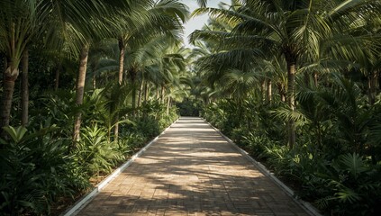 Palm Trees Line a Path in a Tropical Garden During the Daytime