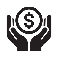 Obraz premium Black and White Vector Icon Featuring Hands Cupping a Dollar Coin to Represent Financial Protection, Charity Donations, Investment Security, and Savings.