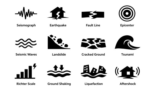 Earthquake hazard icons: richter scale, seismic waves, tsunami, epicenter, landslide