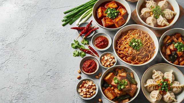 Assortment of spicy Chinese dishes dumplings noodles tofu and condiments