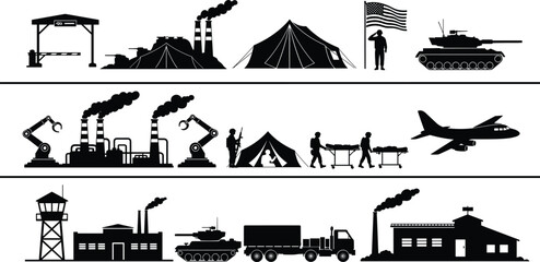 Obraz premium Military and industrial silhouettes collection, army base equipment factories vehicles and transport, war logistics and defense infrastructure, black vector illustration