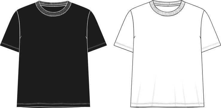 T-shirt silhouette illustration set, black and white short-sleeve designs with neckline and stitching details fashion apparel theme - flat vector illustration