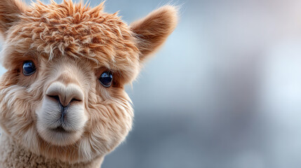 Fototapeta premium A close-up portrait of a fluffy alpaca displaying its charming expression and big, welcoming eyes against a soft background.
