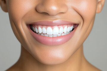 Fototapeta premium A close-up portrait of a woman smiling brightly, showcasing her white teeth and healthy gums, conveying joy and confidence.