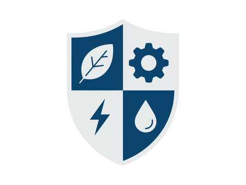 Blue and white shield logo with leaf, gear, lightning, and water drop icons combined