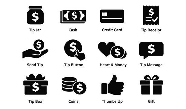 Financial icons set: tip jar, cash, credit card, and payment symbols