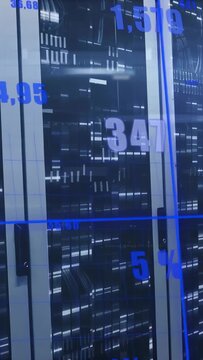 Vertical video: Data feed start glass racks showing % badges sliding, bars rising, pan showing load