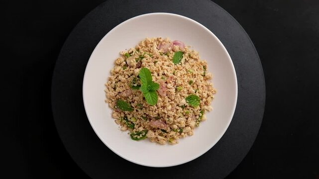Tofu Larb,Thai style Tofu spicy salad.vegetarian food.Top view.