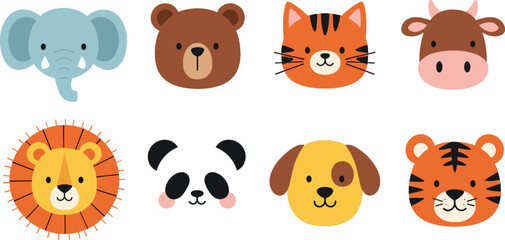 Cute animal face icons collection with elephant bear cat cow lion panda dog and tiger vector illustration set © Kharshad Creative