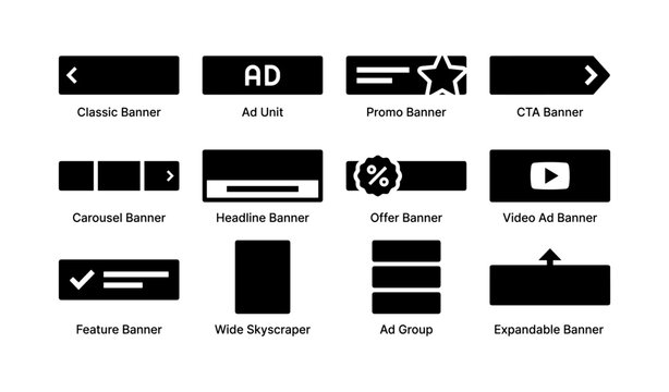 Variety of web banners: classic, ad unit, promo, cta, carousel, headline, offer, video, feature, skyscraper, ad group, expandable
