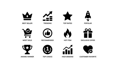 Best seller icons: trending, top rated, popular, exclusive offers, customer favorites