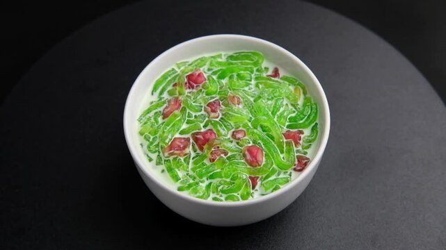 Lod Chong Singapore(Cendol),Thai dessert menu,Sweet Rice Noodles mixed with Pandan in coconut milk in white bowl