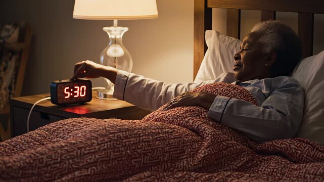 Elderly woman in bed setting alarm clock