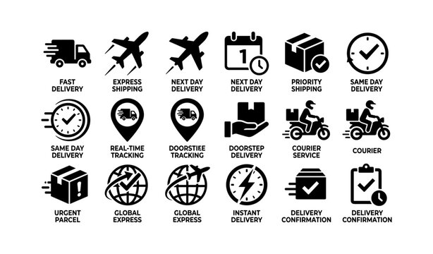 Comprehensive delivery icons set featuring fast, express, and priority shipping with tracking options