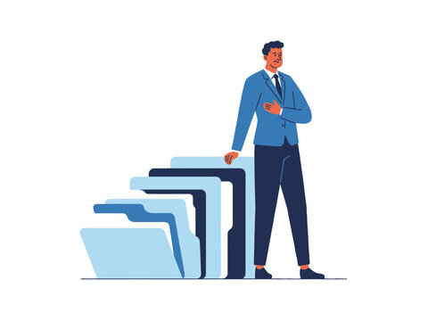 Businessman standing beside stacked folders, looking thoughtful in blue suit and tie