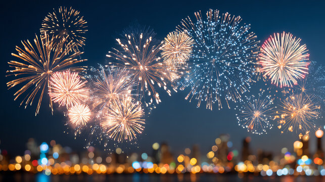 A vibrant display of colorful fireworks lighting up the night sky over a city skyline, celebrating joy and festivity.