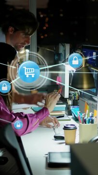 Vertical video: Team typing activating holo cart and lock icons linking to users, securing ecom