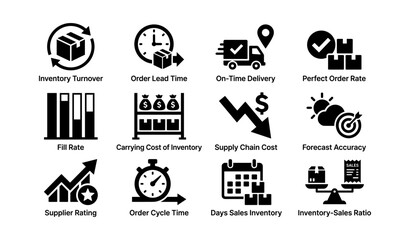 Fototapeta premium Inventory management icons: efficiency, delivery, accuracy, inventory, sales metrics